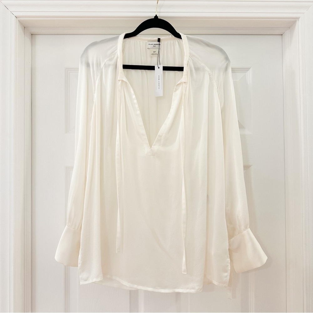 Club Monaco Shirred Tie Detail Blouson Top White Silk sz small - Picture 9 of 14